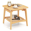 Boho bamboo sofa side table with faux rattan storage shelf, featuring a natural finish and elegant curved design.