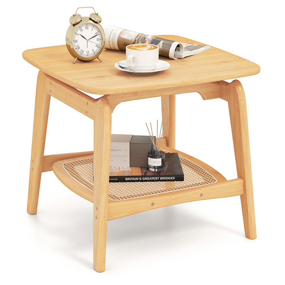 Boho bamboo sofa side table with faux rattan storage shelf, featuring a natural finish and elegant curved design.