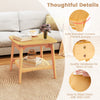 Boho bamboo sofa side table with faux rattan shelf, featuring rounded corners and easy-to-clean surface for living.