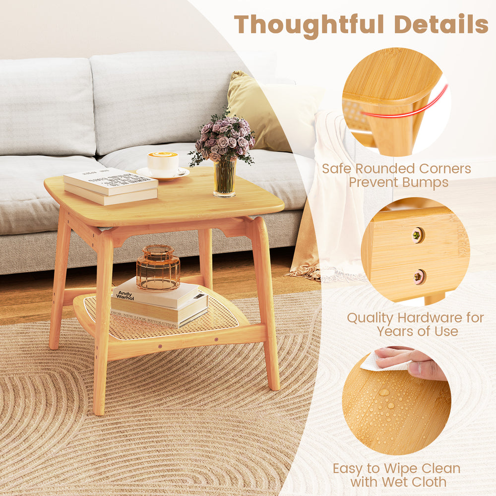 Boho bamboo sofa side table with faux rattan shelf, featuring rounded corners and easy-to-clean surface for living.
