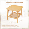 Boho bamboo side table with faux rattan shelf, showcasing dimensions and 2-tier storage for living room or bedroom use.