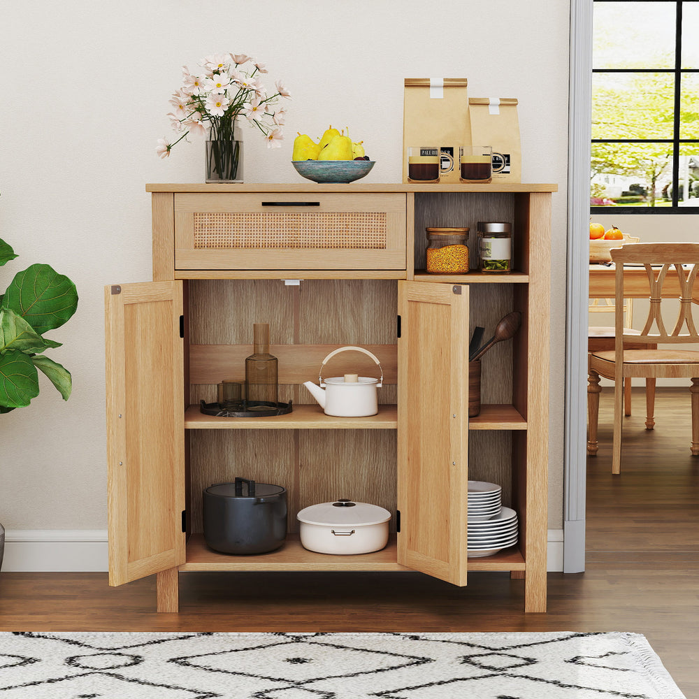 Boho buffet sideboard storage cabinet with rattan woven doors, featuring adjustable shelves for versatile storage.