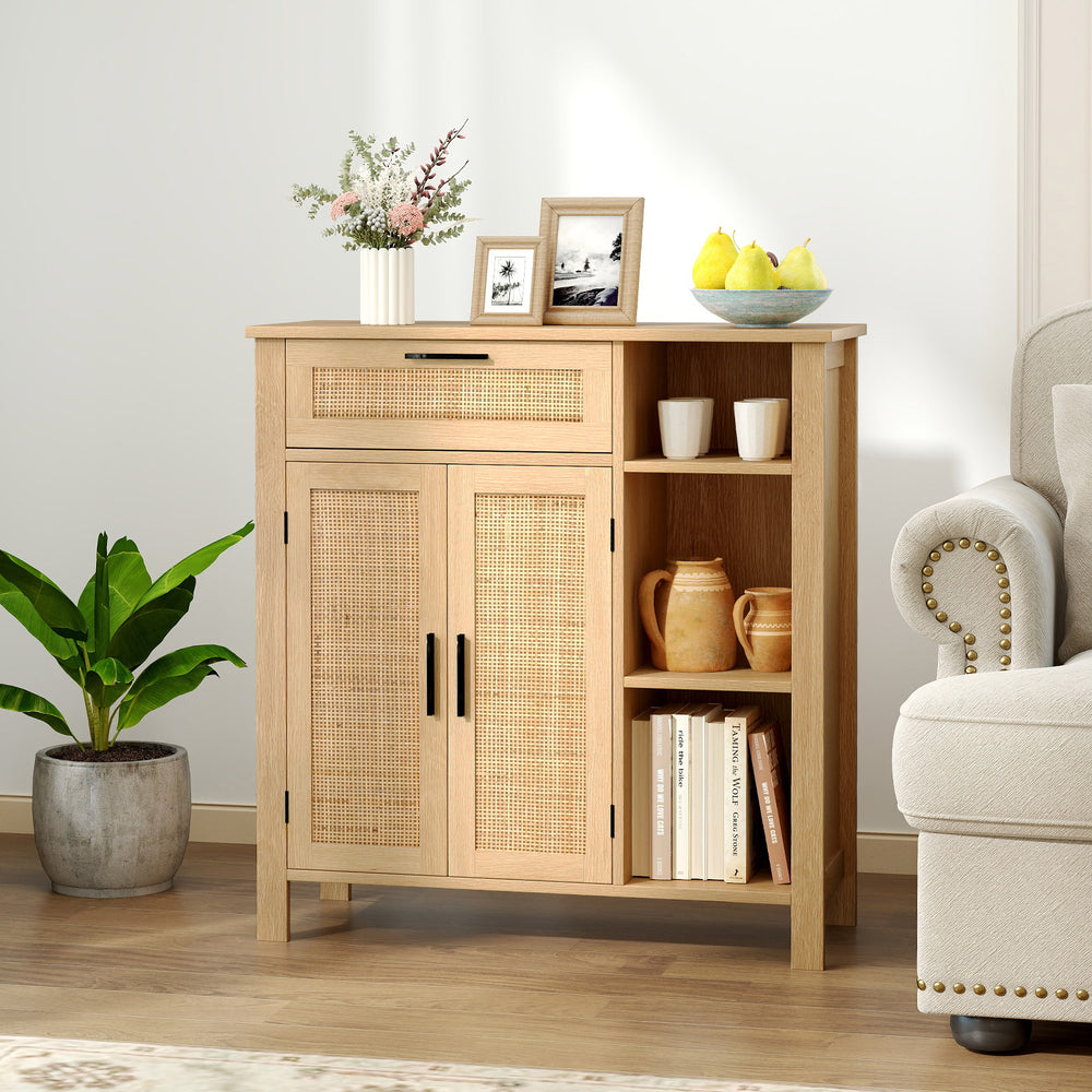 Boho buffet sideboard storage cabinet in natural wood with rattan woven doors, ideal for versatile home decor storage.