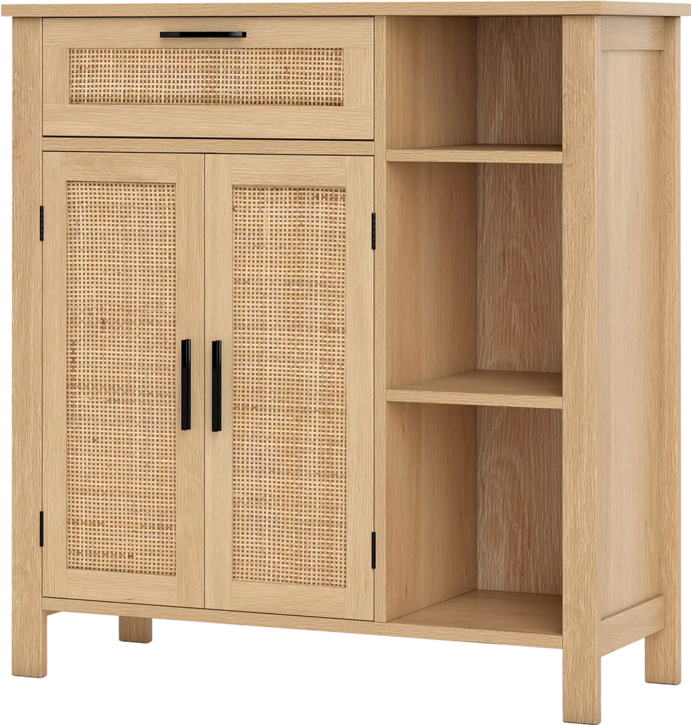 Boho buffet sideboard storage cabinet with rattan woven doors and adjustable shelf for versatile organization.