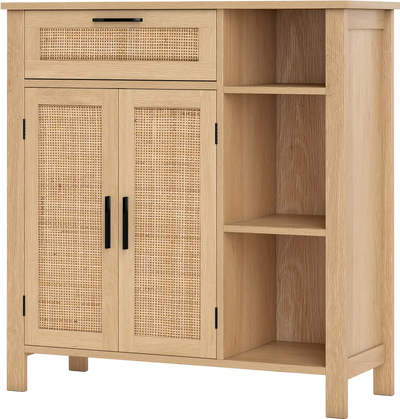 Costway Boho Buffet Sideboard Storage Cabinet w/ Drawer Rattan Woven Doors 11409747 New
