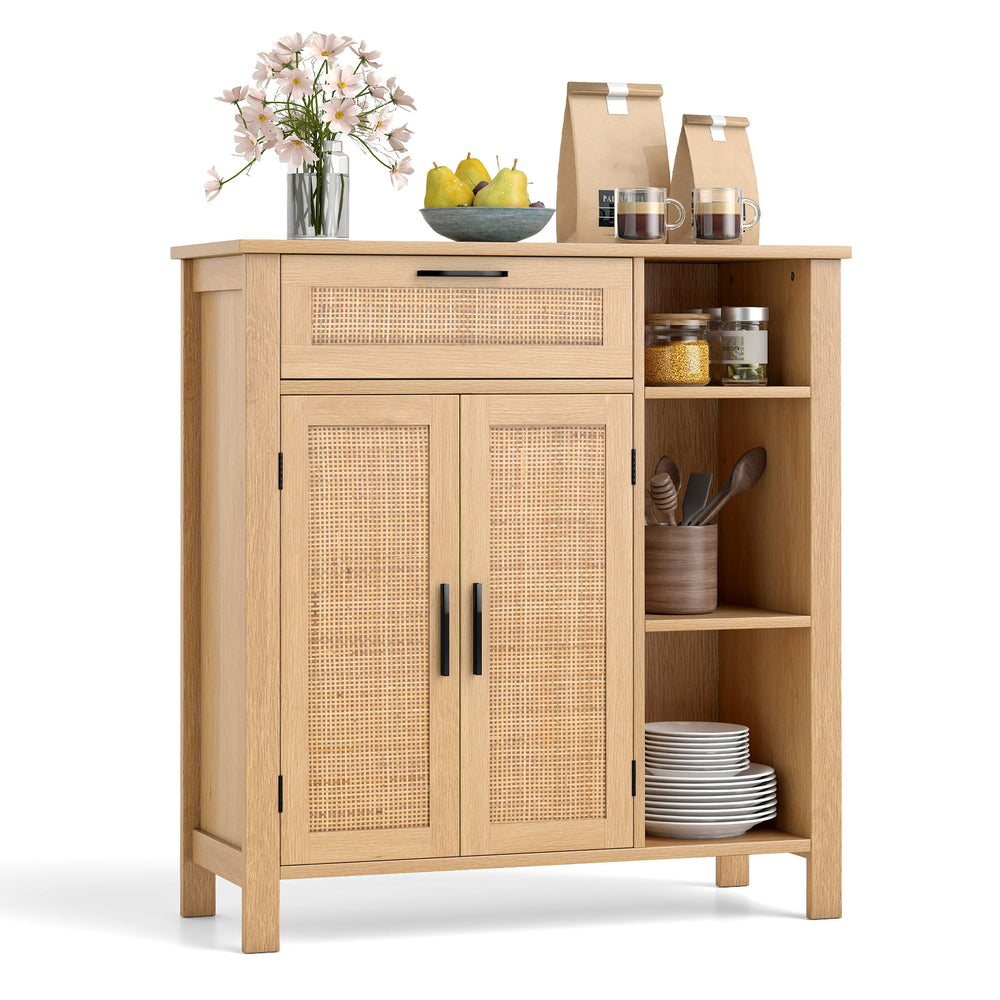 Boho buffet sideboard cabinet with rattan woven doors, adjustable shelf, and natural wood finish for versatile storage.