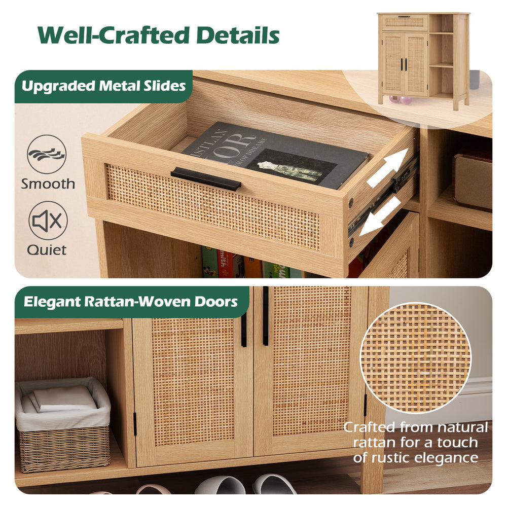 Boho buffet sideboard with rattan-woven doors and upgraded metal slides for smooth storage in natural finish.