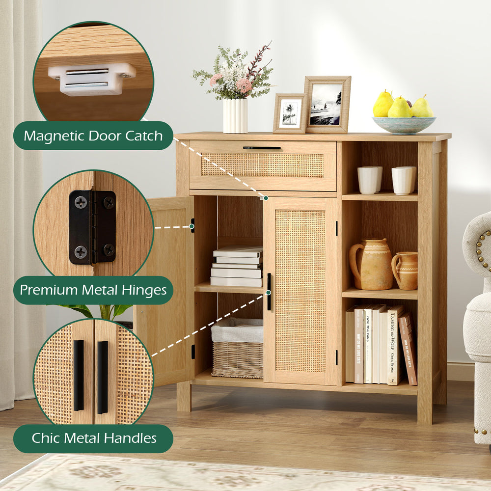 Boho buffet sideboard cabinet with rattan woven doors, natural wood finish, and adjustable shelf for versatile storage.