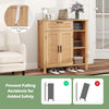 Boho buffet sideboard storage cabinet with rattan woven doors, featuring adjustable shelves and anti-tipping kits for.