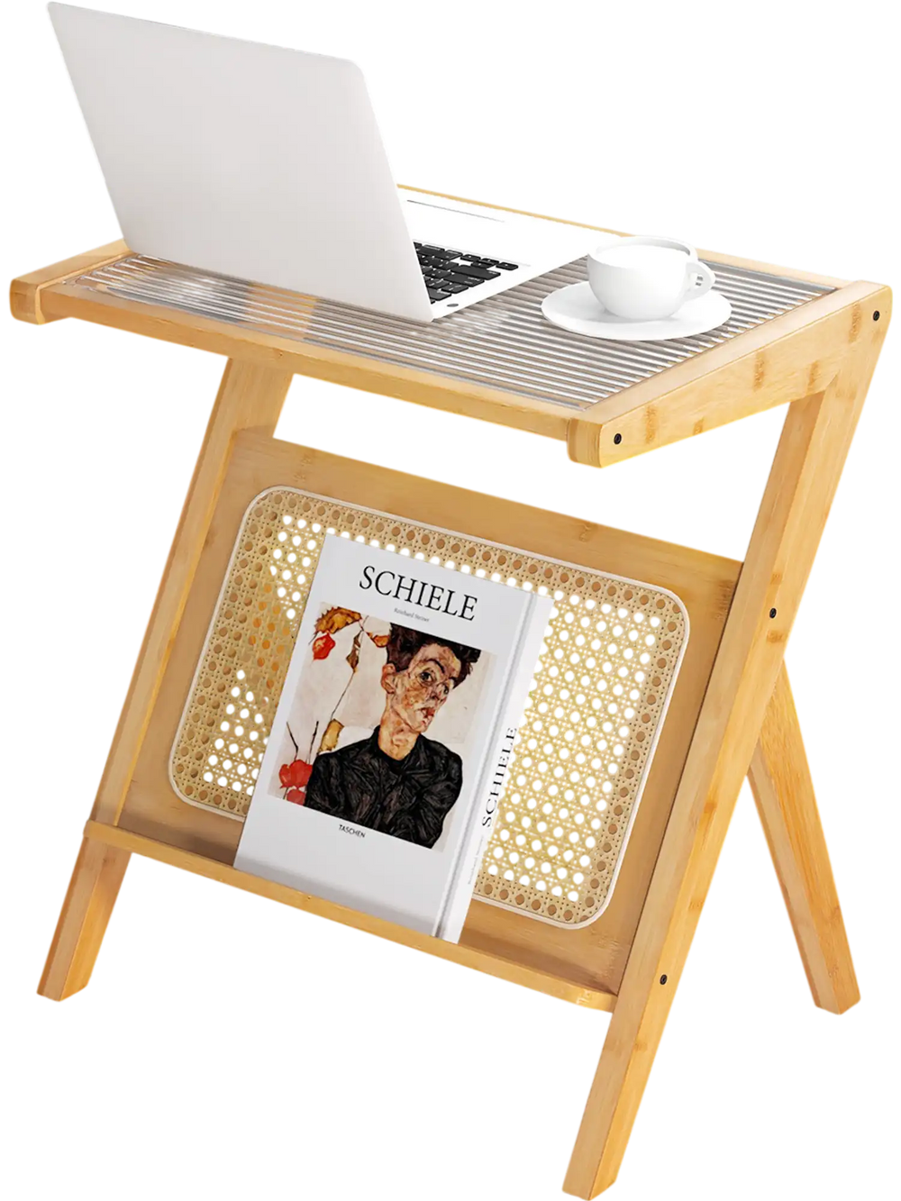Boho end table with a natural bamboo frame, tempered glass top, and magazine rack for stylish living room use.
