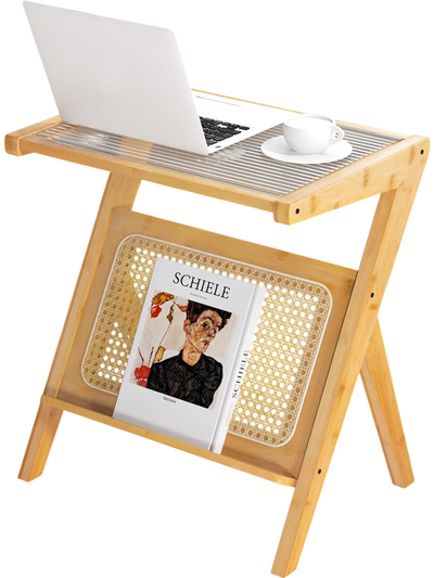 Costway Boho Bamboo End Table Magazine Rack Tempered Glass Top 59368472 New