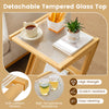 Boho end table with natural bamboo frame and tempered glass top, featuring a magazine rack for stylish organization.