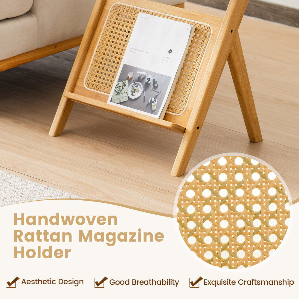 Handwoven rattan magazine holder with bamboo frame and tempered glass top, perfect for Boho-style decor and.