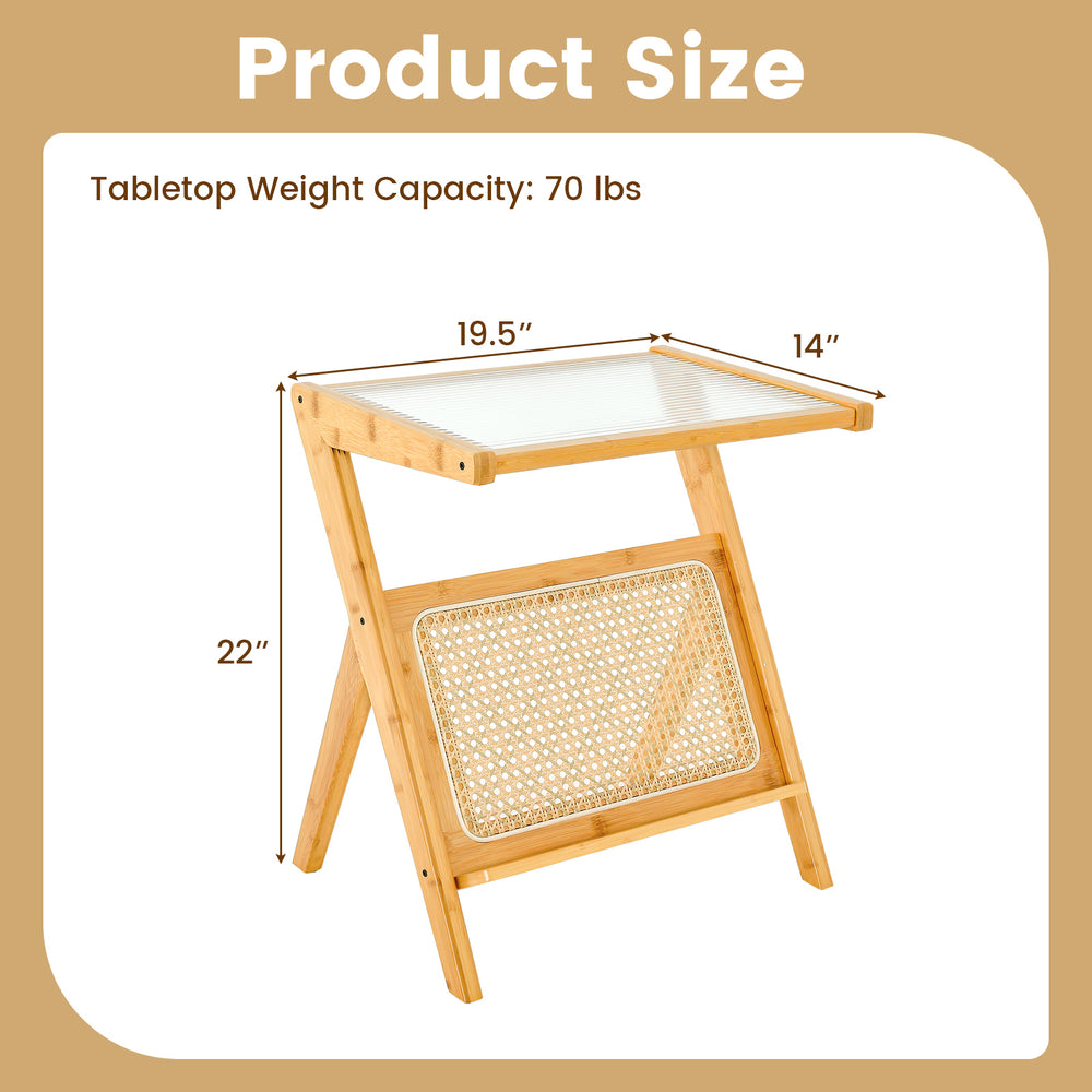 Boho end table with a natural bamboo frame, tempered glass top, and magazine rack, ideal for stylish living spaces.