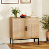 Boho storage cabinet with natural rattan doors and asymmetrical patterns, perfect for kitchen organization and decor.