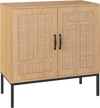 Boho storage cabinet with natural rattan doors and asymmetrical patterns, featuring adjustable shelves for versatile.