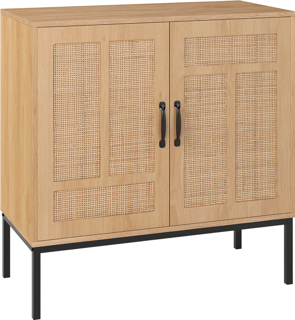 Boho storage cabinet with natural rattan doors and asymmetrical patterns, featuring adjustable shelves for versatile.