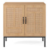 Boho storage cabinet showcasing natural rattan doors and metal legs, ideal for stylish kitchen storage and decoration.
