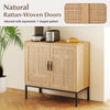 Boho storage cabinet with natural rattan-woven doors and asymmetric T-shaped patterns, perfect for kitchen organization.