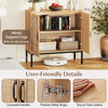 Boho storage cabinet with natural rattan doors, adjustable shelf, and metal support legs for kitchen organization.