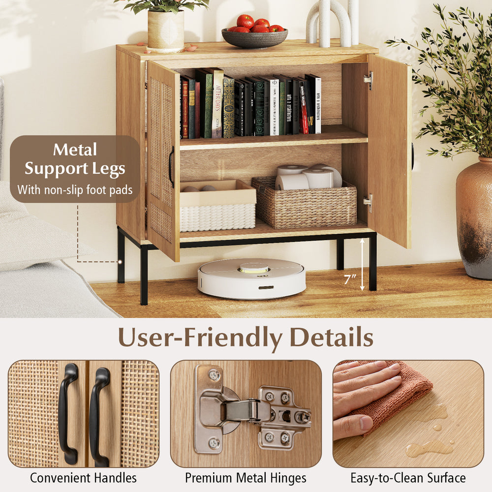 Boho storage cabinet with natural rattan doors, adjustable shelf, and metal support legs for kitchen organization.