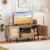 Boho TV stand with natural finish, featuring PE rattan doors, spacious storage, and six sturdy metal legs for stability.