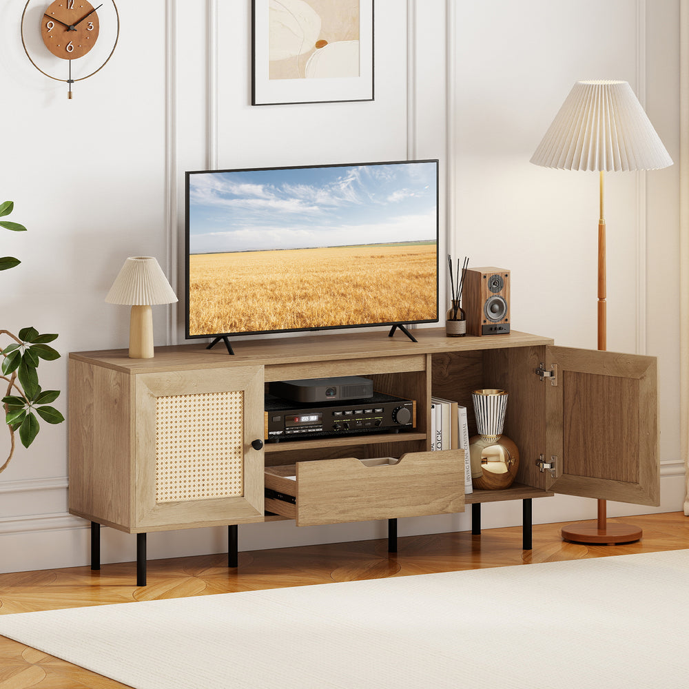 Boho TV stand with natural finish, featuring PE rattan doors, spacious storage, and six sturdy metal legs for stability.