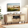 Boho TV stand with natural finish, PE rattan doors, and spacious storage for 60-inch TVs, perfect for entertainment.