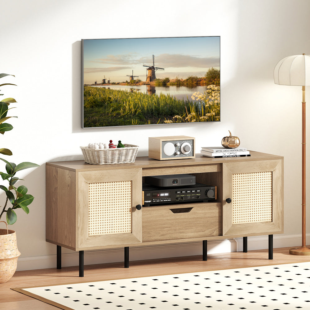 Boho TV stand with natural finish, PE rattan doors, and spacious storage for 60-inch TVs, perfect for entertainment.