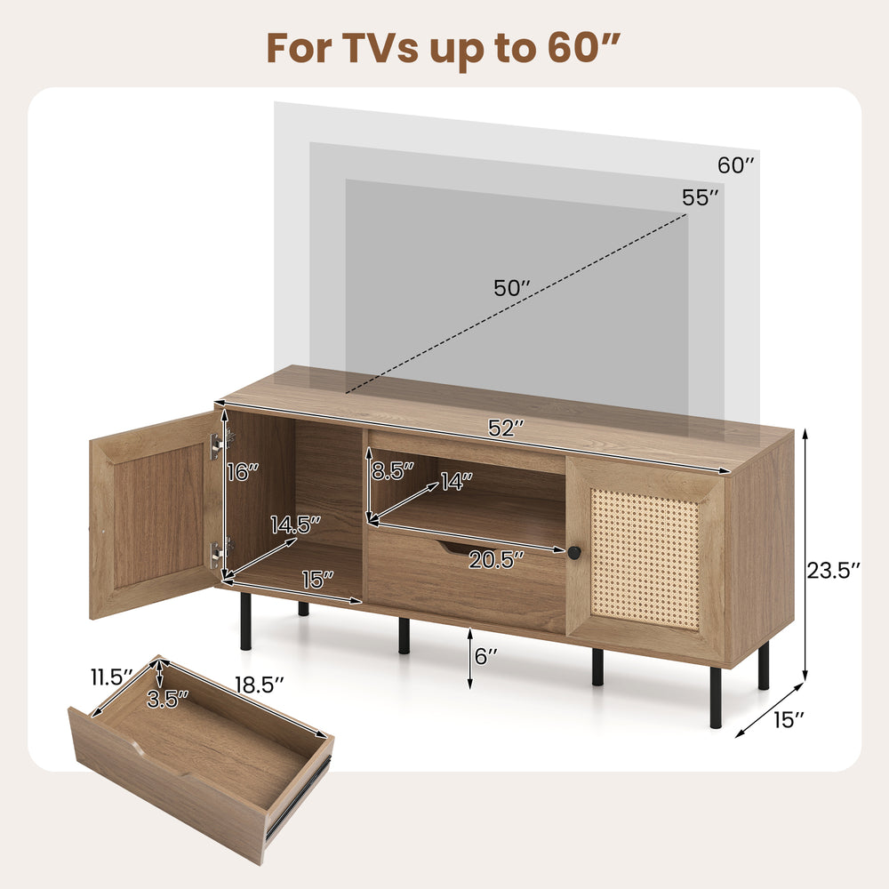 Boho TV stand for 60-inch TVs featuring natural wood, PE rattan doors, and spacious storage with a pull-out drawer.