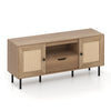 Boho TV stand with natural finish, featuring PE rattan doors, storage drawer, and six metal legs for stability.