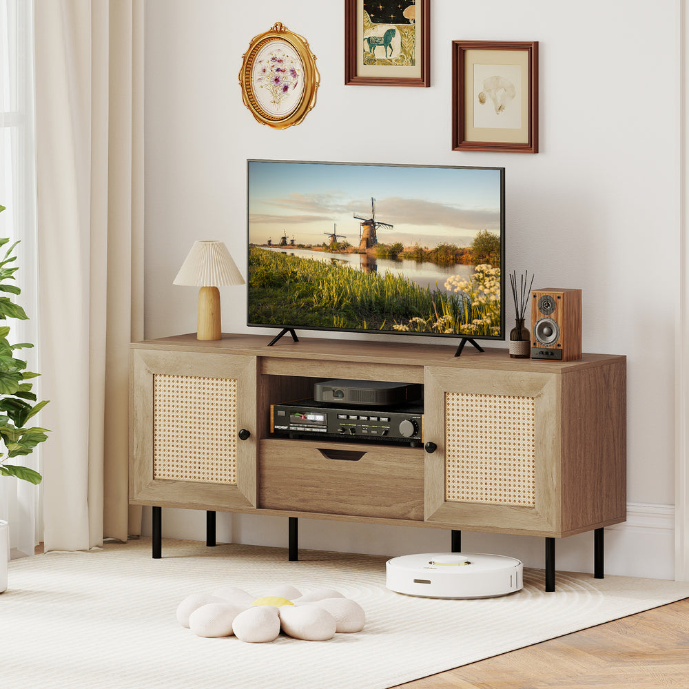 Boho TV stand with natural finish, PE rattan doors, and spacious storage for 60-inch TVs in a stylish living room setup.