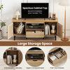 Boho TV stand with spacious cabinet top, two enclosed cabinets, and pull-out drawer for large storage solutions.