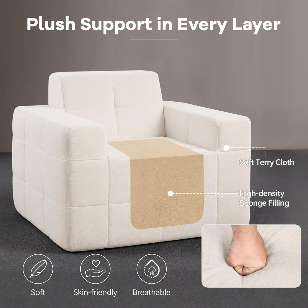 Boneless single sofa chair in soft terry cloth with high-density sponge filling offers deep seating for ultimate relaxation.