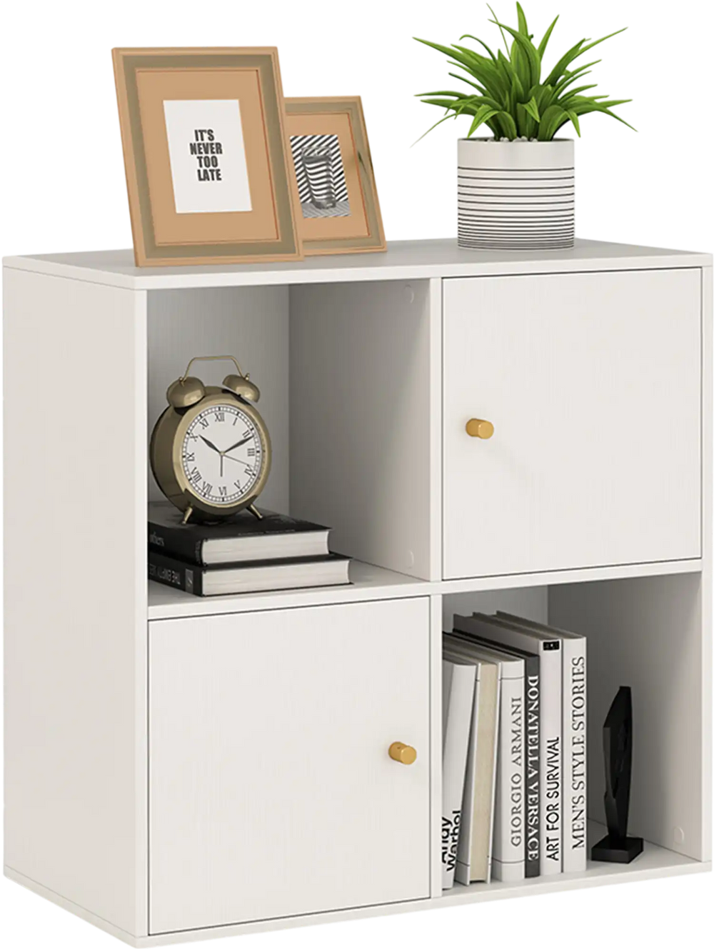 4-cube bookcase in white with two cabinets, spacious top, and metal knobs, perfect for corner storage solutions.