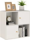 4-cube bookcase in white with two cabinets, spacious top, and metal knobs, perfect for corner storage solutions.