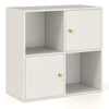 4-cube bookcase in white with a spacious top and 2 roomy cabinets, designed for stylish corner organization and storage.