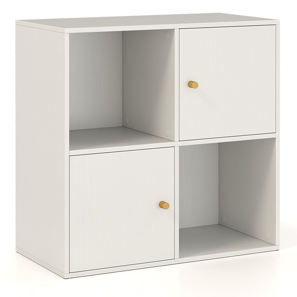 4-cube bookcase in white with a spacious top and 2 roomy cabinets, designed for stylish corner organization and storage.