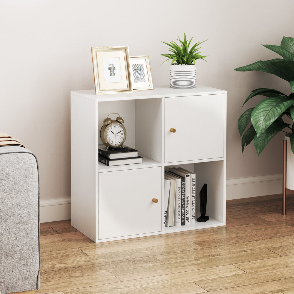 4-cube bookcase in white featuring 2 cabinets and spacious top, ideal for compact storage in any corner space.