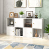 4-cube bookcase in white with spacious top, 2 wide cubes, and 2 cabinets, perfect for corner storage solutions.