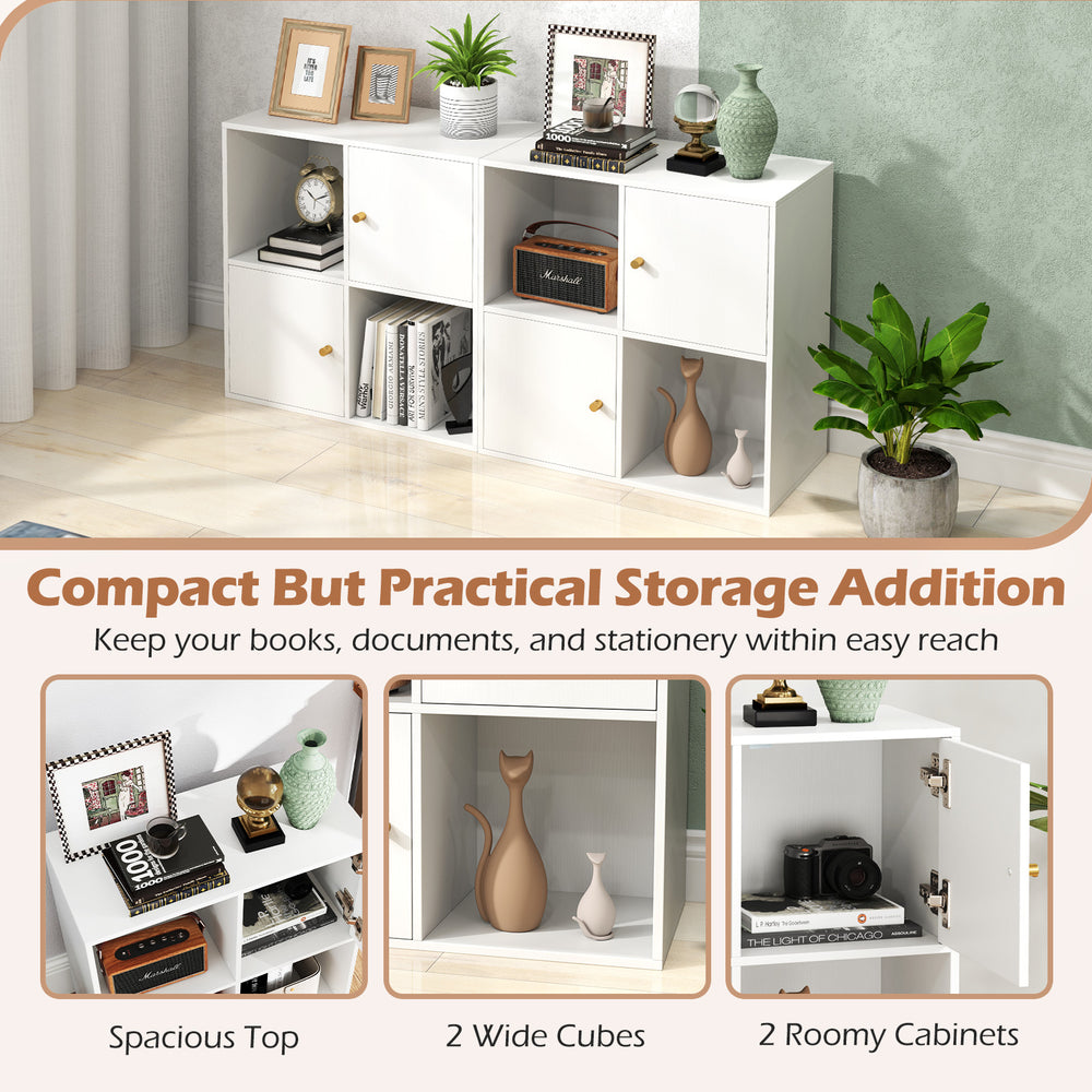 4-cube bookcase with spacious top, 2 wide cubes, and 2 cabinets in white, perfect for compact storage solutions.