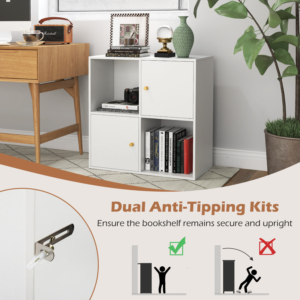 4-cube bookcase in white with dual anti-tipping kits, featuring spacious storage and protective foot pads for stability.