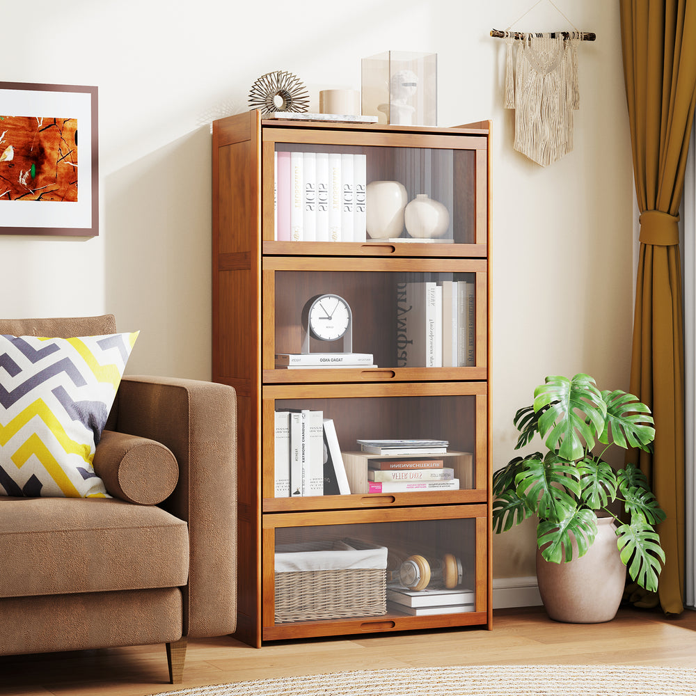 4-tier bamboo bookcase with see-through doors, perfect for displaying books and decor in a living room or study.