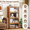 4-tier bamboo bookcase with doors in brown, featuring see-through acrylic doors for books and collectibles in a stylish.