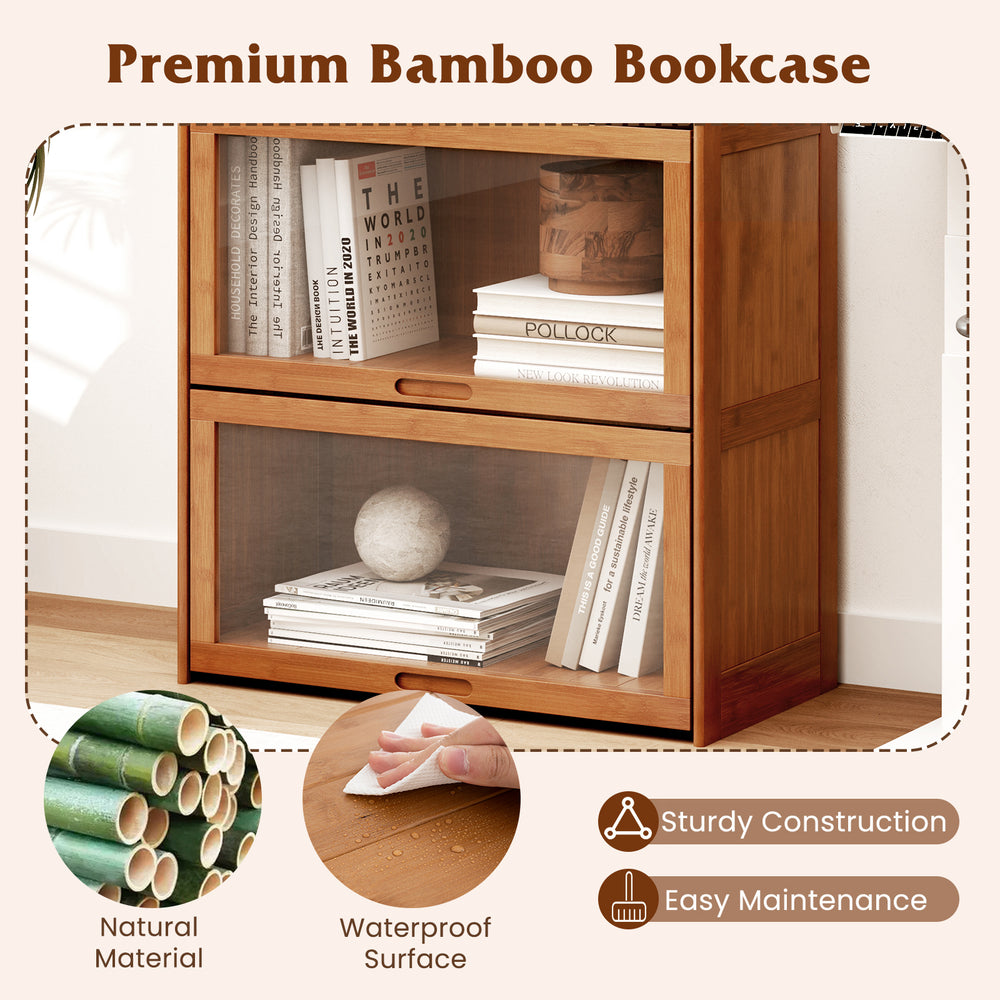 4-tier bamboo bookcase with doors in brown, featuring a waterproof surface and sturdy construction for stylish storage.
