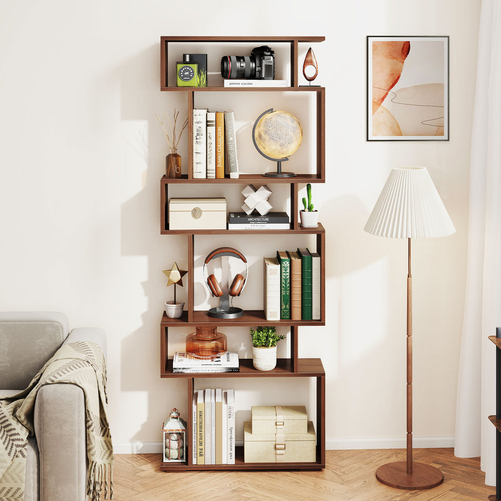 6-Tier Geometric Bookshelf with 2 Anti-Tipping Kits for Home Office-Walnut - Gallery View 1 of 10