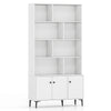 White bookshelf with 3 doors, open shelving, and metal legs, ideal for home office storage and display.