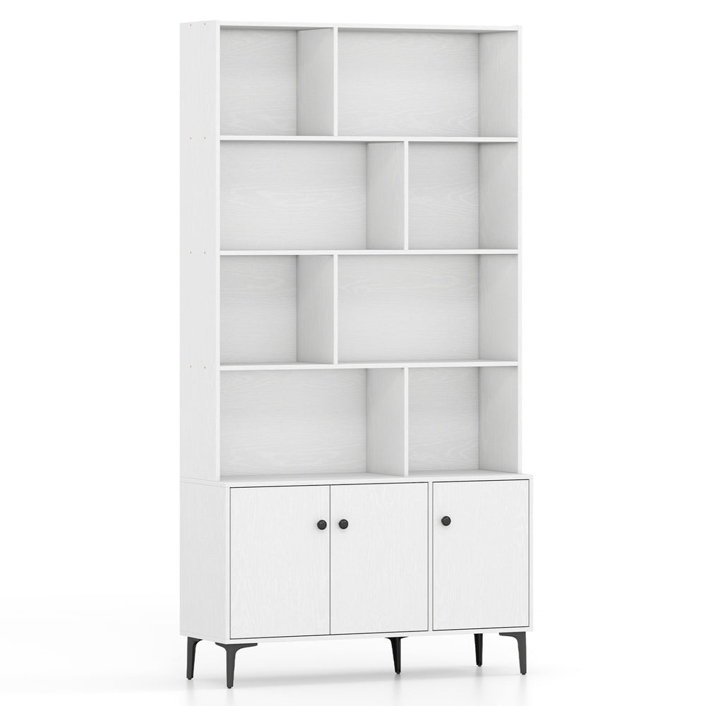 White bookshelf with 3 doors, open shelving, and metal legs, ideal for home office storage and display.