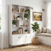 White bookshelf with open shelving and 3 doors, featuring metal legs and anti-tipping kits for home office stability.