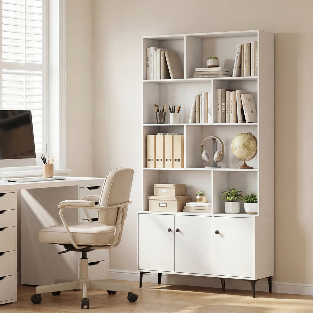 White bookshelf with 3 doors, open shelving, and metal legs, ideal for home office storage and organization.